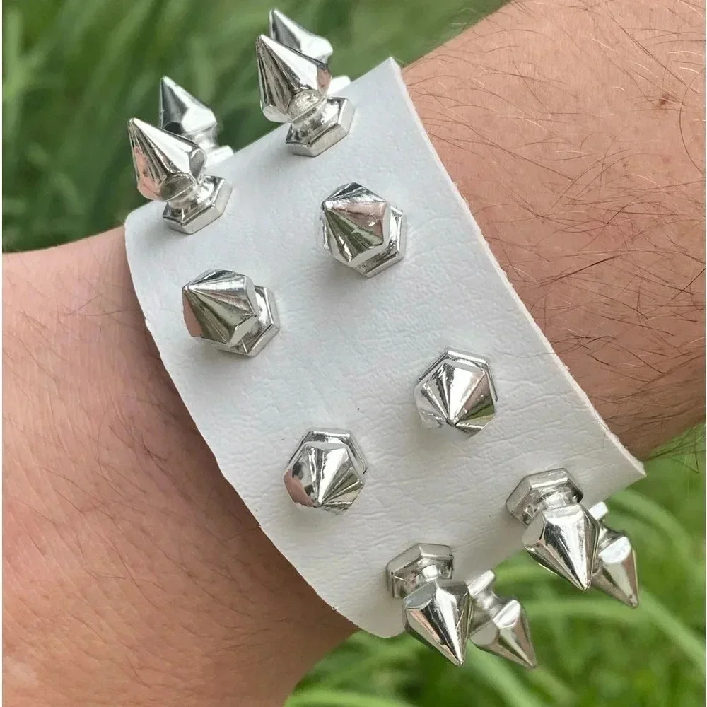 WhiteLeather Punk Goth Rock Double Spike Metal Stud Buckle Cuff Bracelet NEW